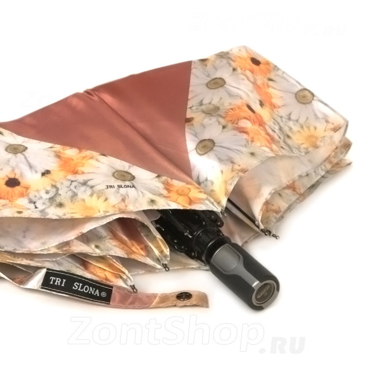 Зонт женский Три Слона 360 3325 Ромашки коричневый (сатин)